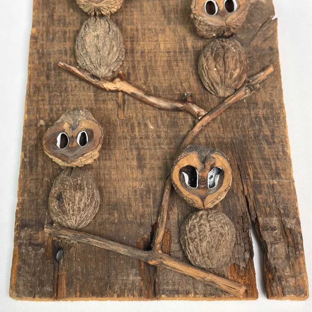 Vintage Owl Wall Hanging Folk Art Rustic Wood Black Walnut Shell Woodland Decor